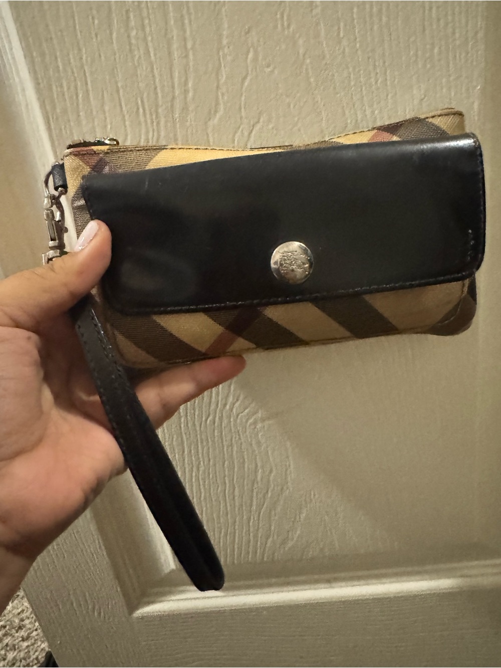 Burberry Black Leather Flap Plaid Wristlet Clutch